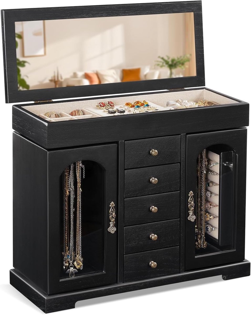 Grote Houten Sieradenbox met Spiegel, Perfecte Organizer voor Ringen, Oorbellen, Armbanden en Kettingen in Retro Bruin
