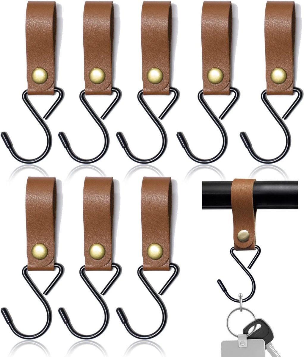 8 Pcs Leather S Hooks, S Shape Hooks for Hanging, Camping Clips, Stroller Holders, Leather Fasteners for Coat, Towel - ShopVlot