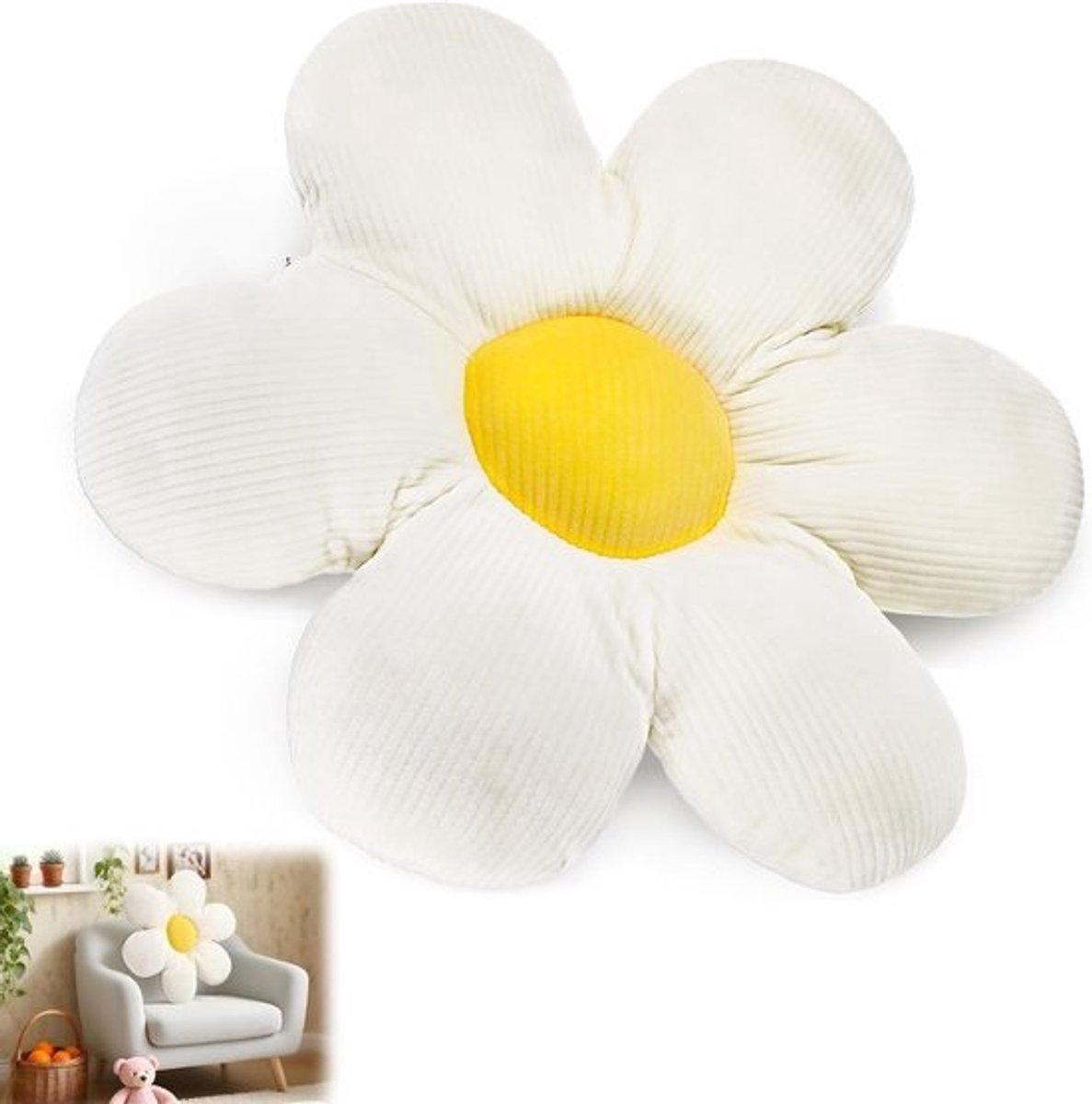 Zacht en comfortabel bloemkussen - 40 cm, voor kinderen - Schattige decoratieve kussens - Voor bed, bank en auto - Voor kamerdecoratie (off-white)