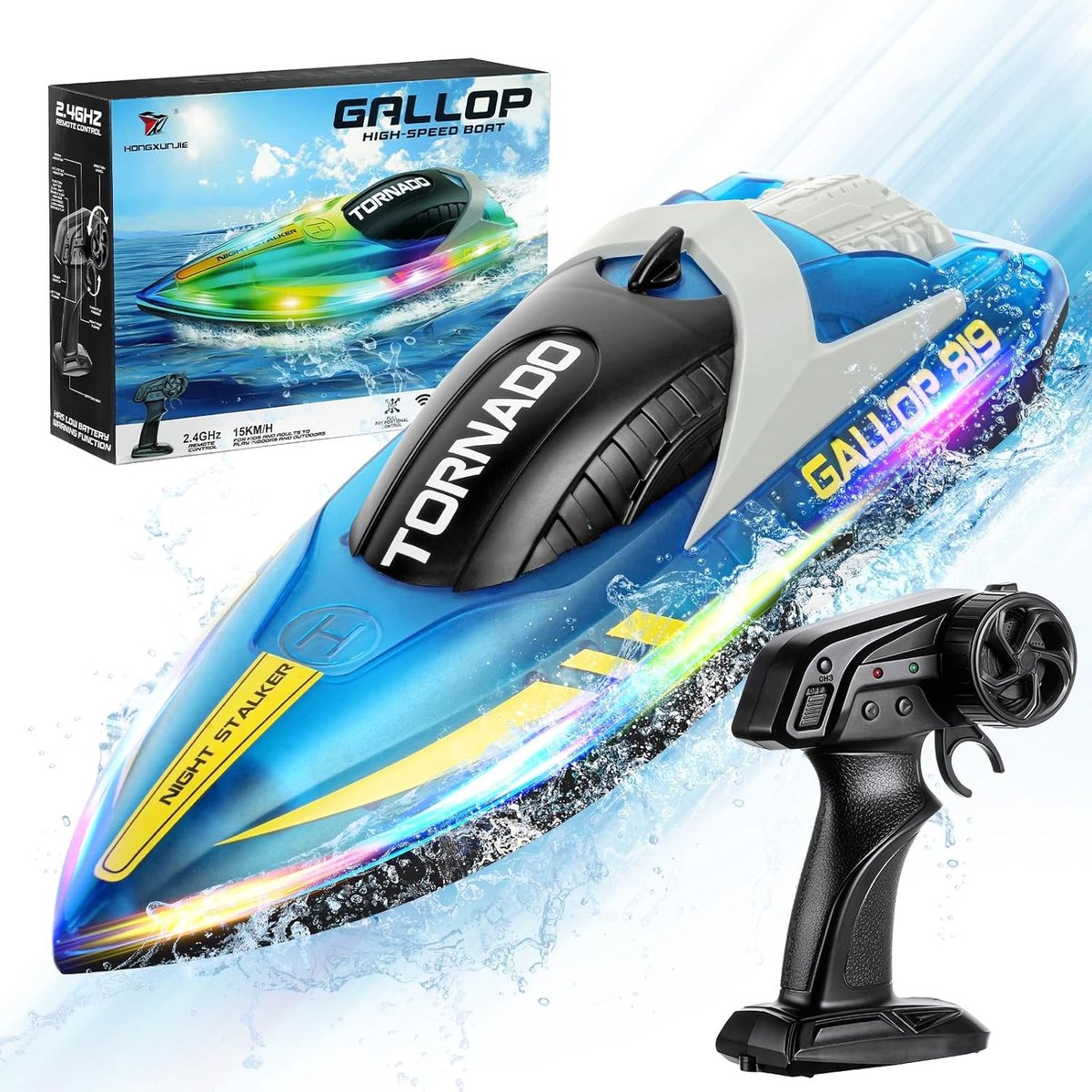 Snelvarende RC Boot met LED Verlichting, 15 km/h, 2.4GHz Besturing, Capsize Herstel en 2 Oplaadbare Batterijen voor Waterplezier