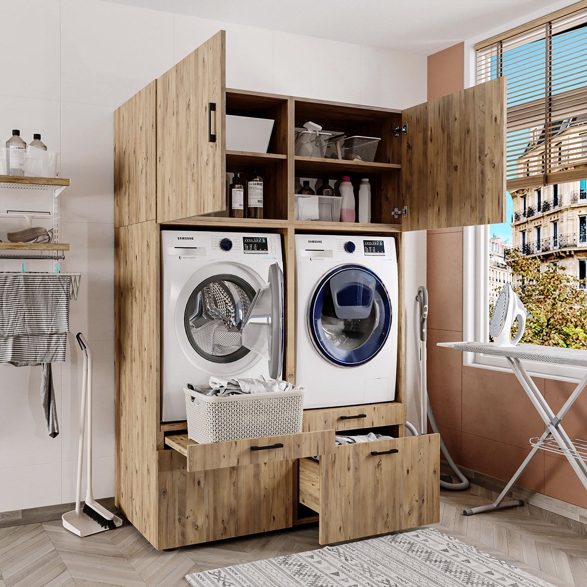 Roomart SERIE 2 Wasmachine Ombouwkast 134x205 cm - Dubbele Kast voor 2 Apparaten - Eiken