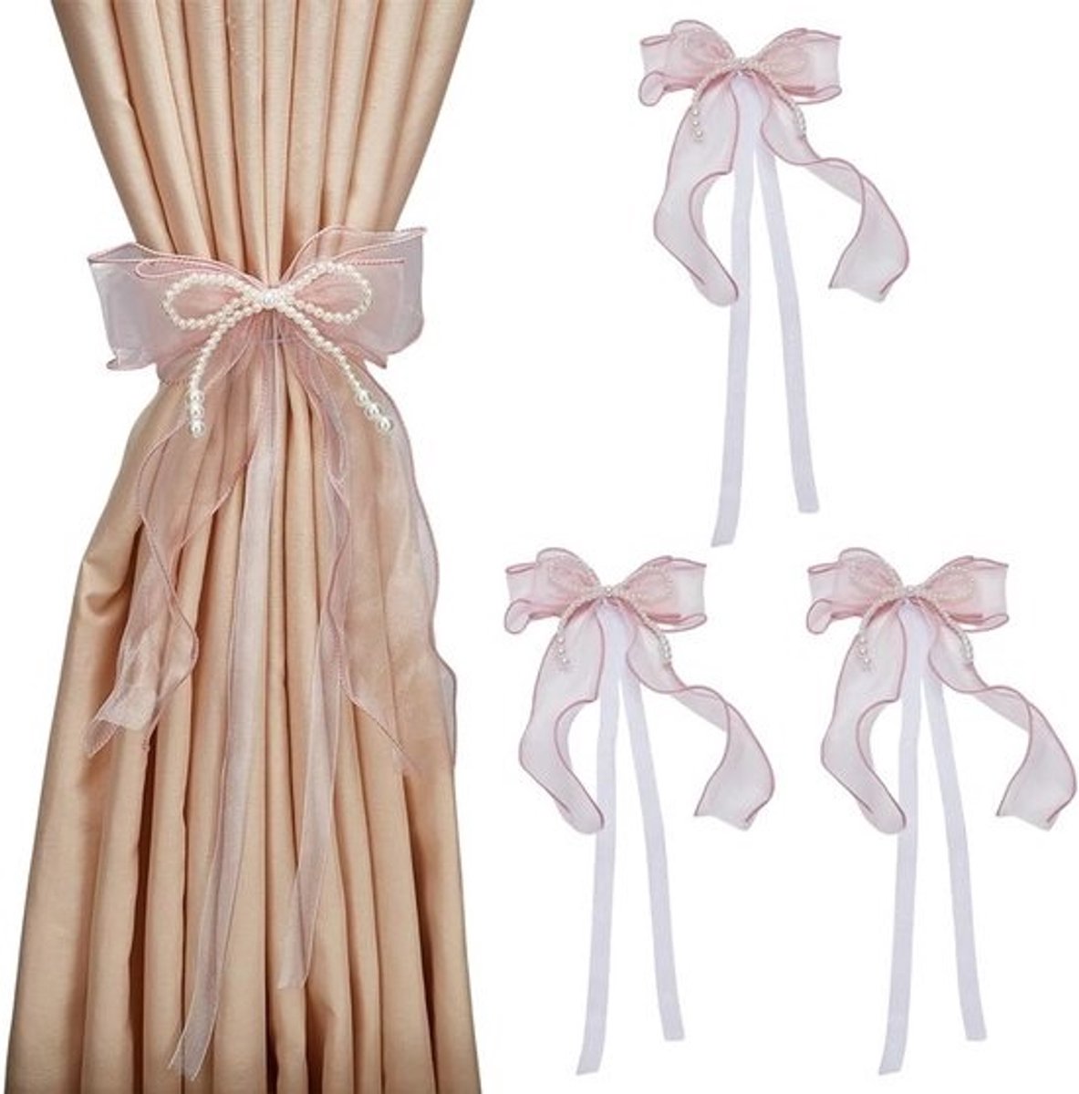 Set van 4 strikgordijnbinders - Met parels in mistroze - Decoratieve gordijnaccessoires - Voor raamdecoratie en gordijnbevestiging