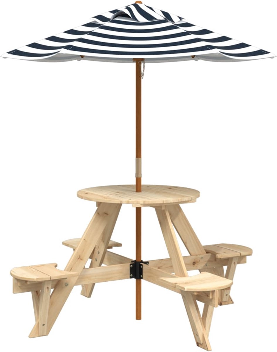 vidaXL Picknicktafel - voor - 4 - kinderen - met - parasol - rond - vurenhout blauw en wit