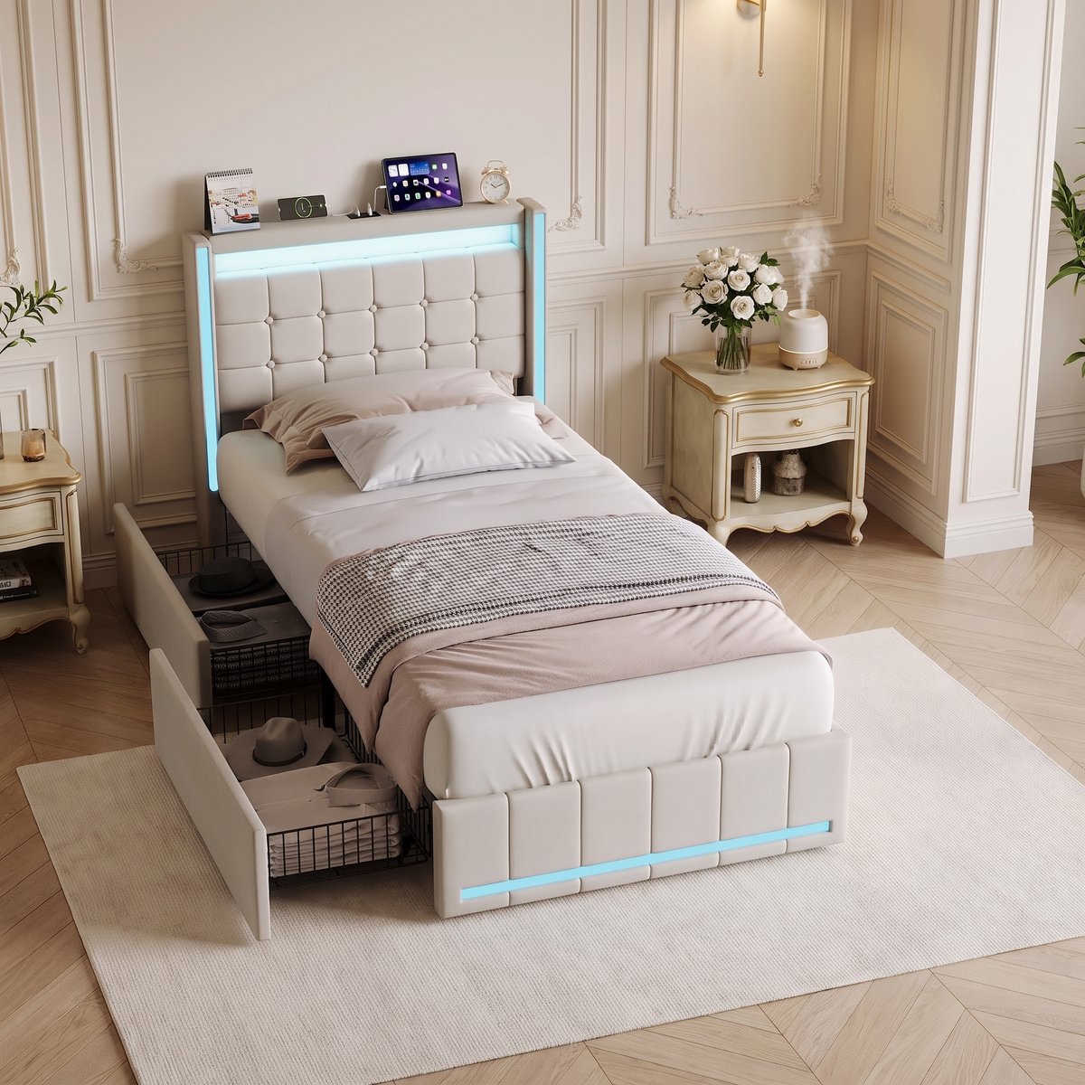 MEXUS Eenpersoonsbed 90x200 cm met LED-verlichting en USB-poorten, 1-persoonsbed met 2 lades, Gestoffeerd hoofdbord, Bedframe met lattenbodem, linnen Beige