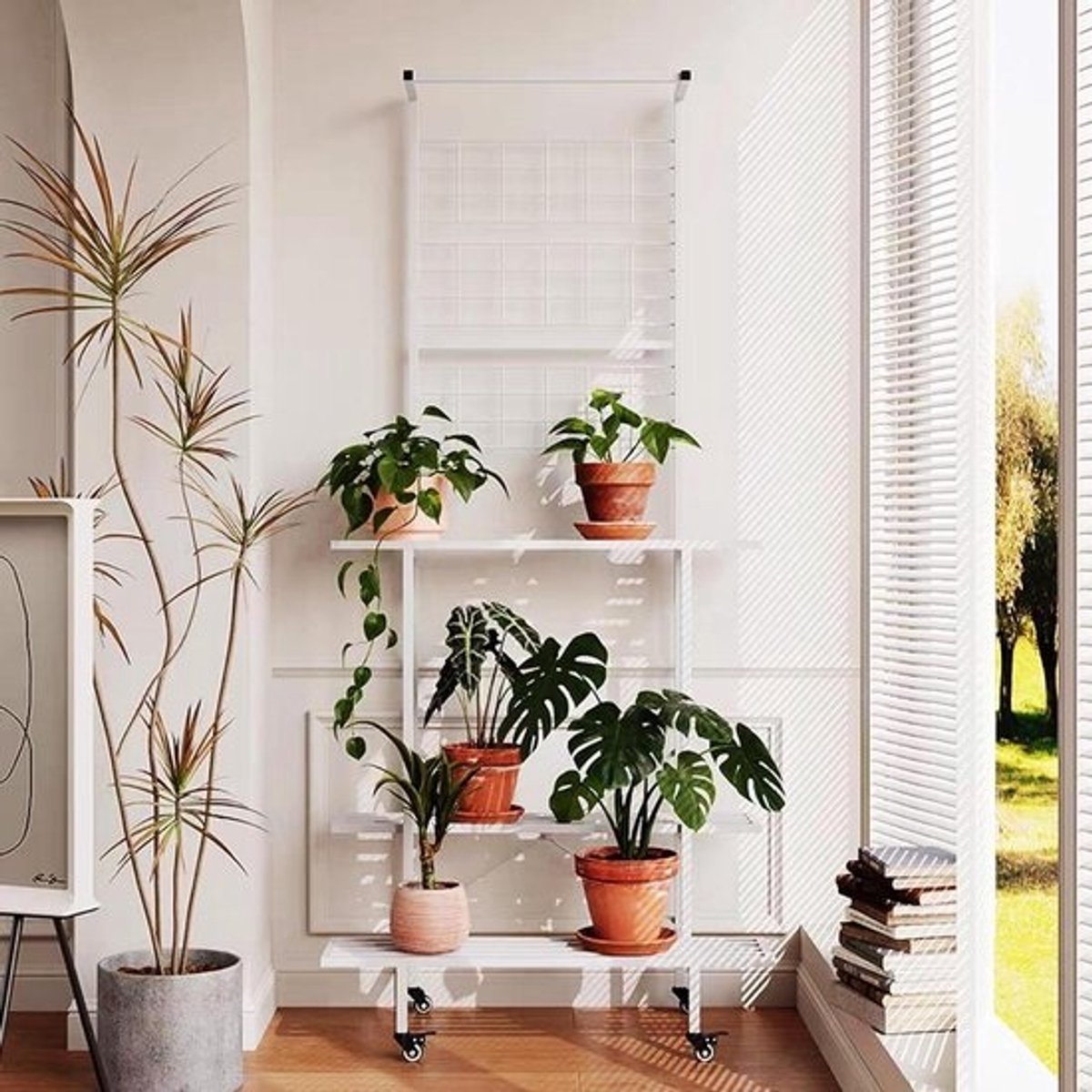 Metalen plantenrek - Bloemenstandaard - Voor het presenteren van planten - Verstelbare lagen - 90 cm hoog - Zwart
