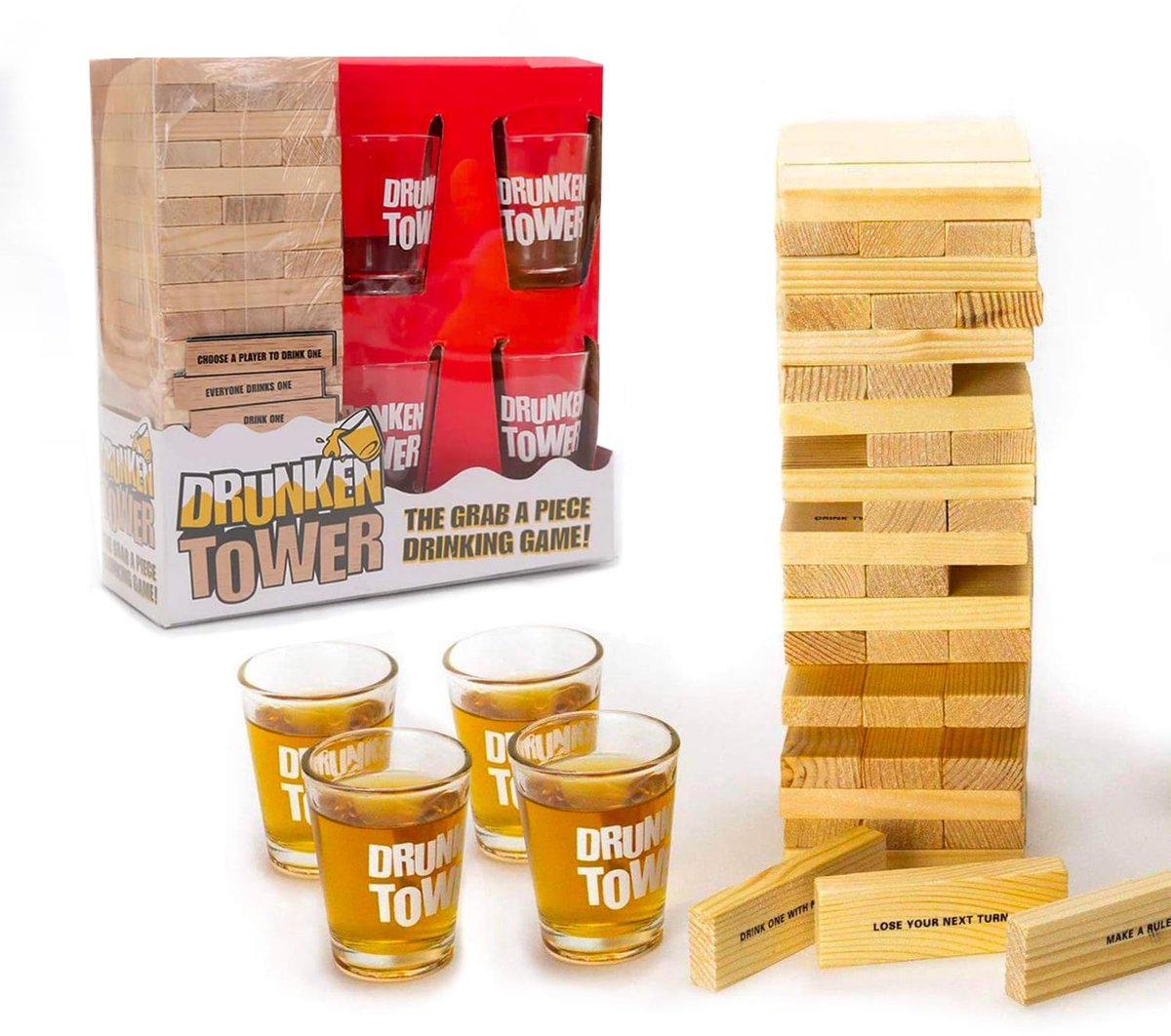 Original DrunkenTower® - Infernal Tower with Tows - Premium Quality - 60 Wooden Blocks - 4 Shot Glasses - ShopVlot