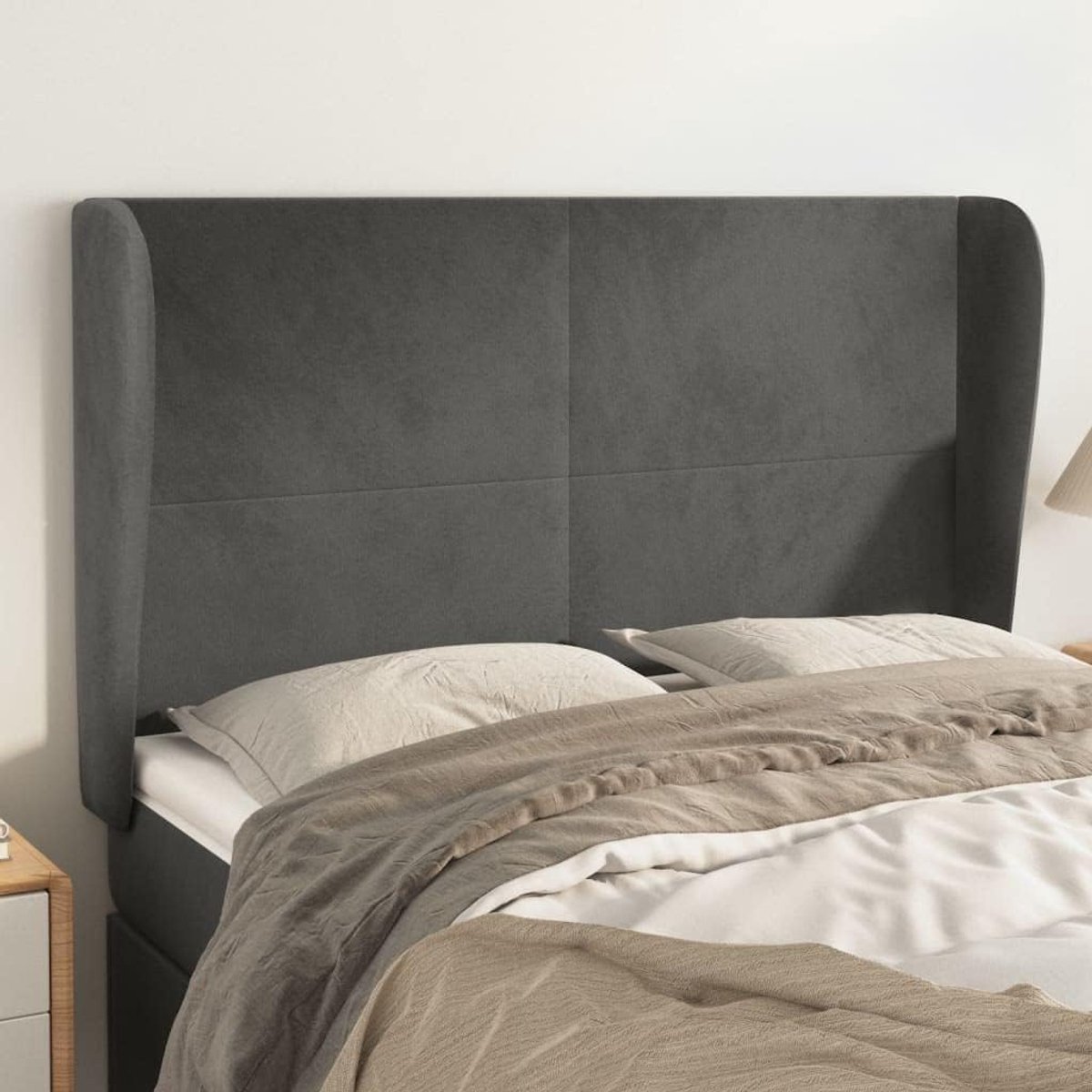 Hoofdeinde met oren, donkergrijs, 147 x 23 x 118/128 cm, fluweel, slaapkamer, meubels voor slaapkamer, hotels