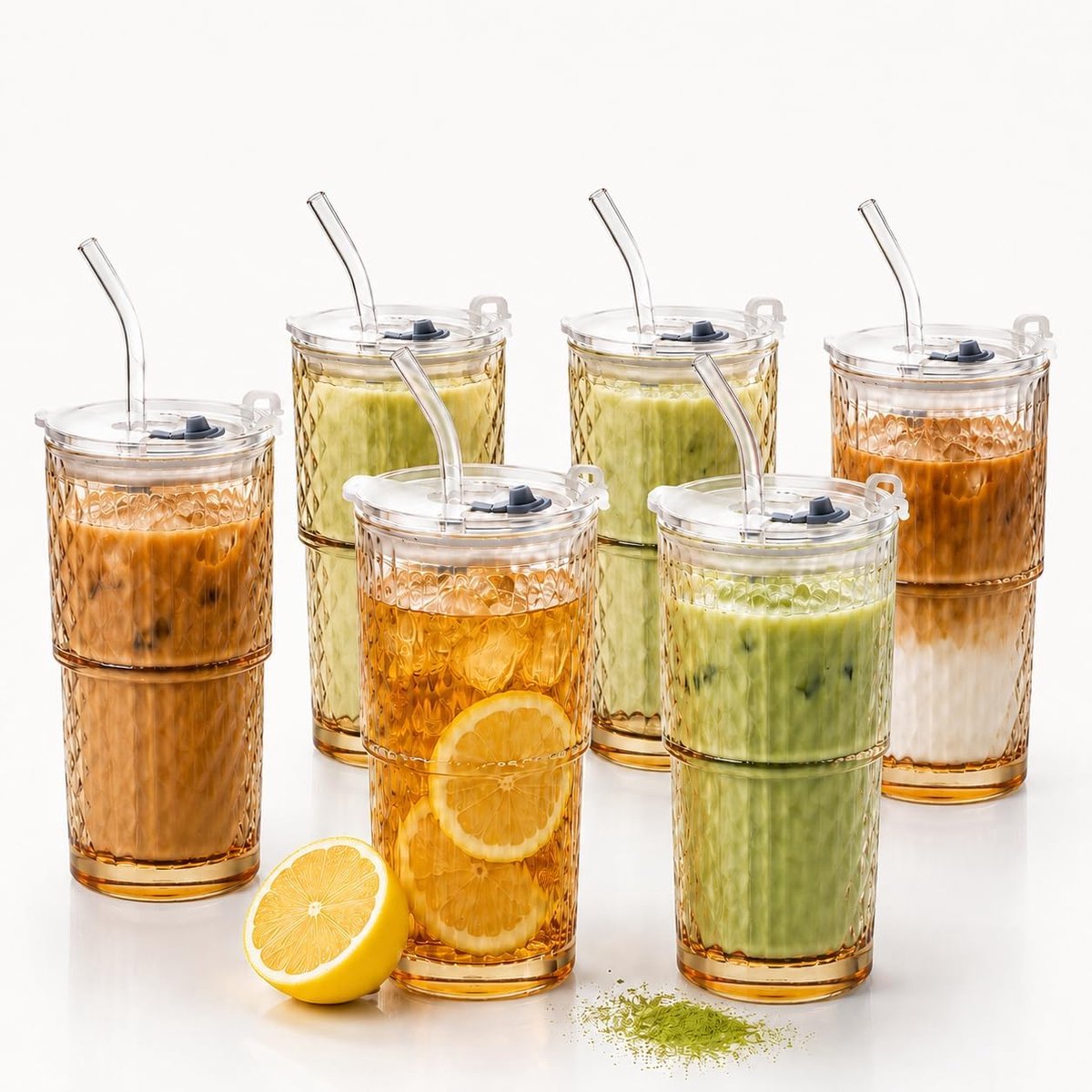 6-delige glazenset met 2-in-1 deksel en glazen rietje, 480 ml amber ribbed drinkglazen, lekvrij & stapelbaar voor matcha, iced tea, latte macchiato