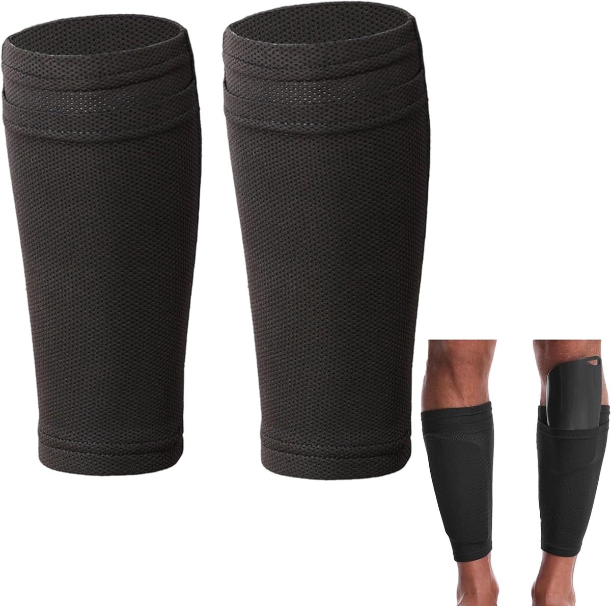 Scheenbeenbeschermer mouwen, dubbellaags scheenbeschermers met mesh ademend ontwerp, houders voetbal scheenbeenbeschermer mouwen voor kinderen, tieners, volwassenen, beginners (zwart)