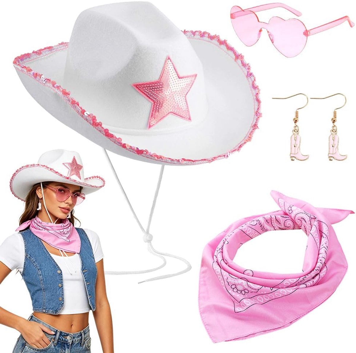 Cowboyhoed set met pentagram zonnebril en vierkante sjaal kostuumaccessoires multifunctioneel voor Halloween vrijgezellenfeest zwart7