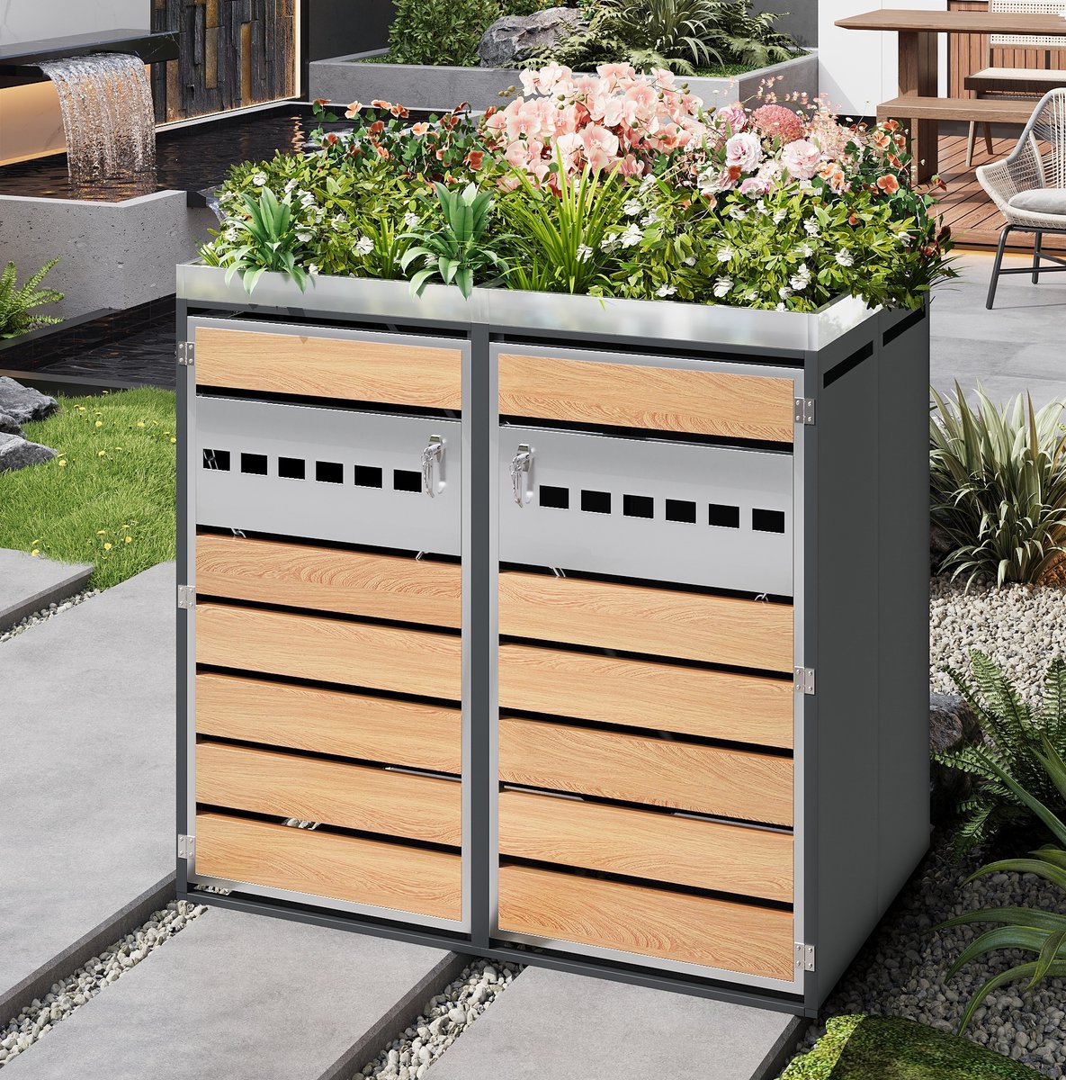 WUVRIE - Containerberging 132x80x124,5 cm - 2 afsluitbare vakken met plantenbak - Grijs/houtlook
