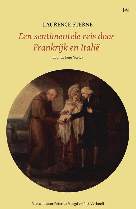 Boekcover: Laurence Sterne, Een sentimentele reis door Frankrijk en Italië. Een schilderij van twee mannen en een vrouw in historische kledij.