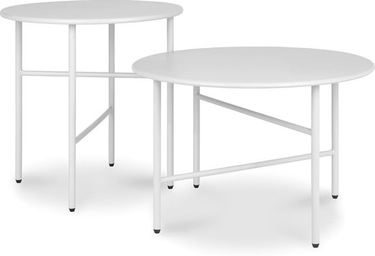 Ronde bijzettafel - Set van 2 - Metaal - Wit - Krasbestendig - Lichtgewicht - Stabiele tuintafel - Voor binnen en buiten