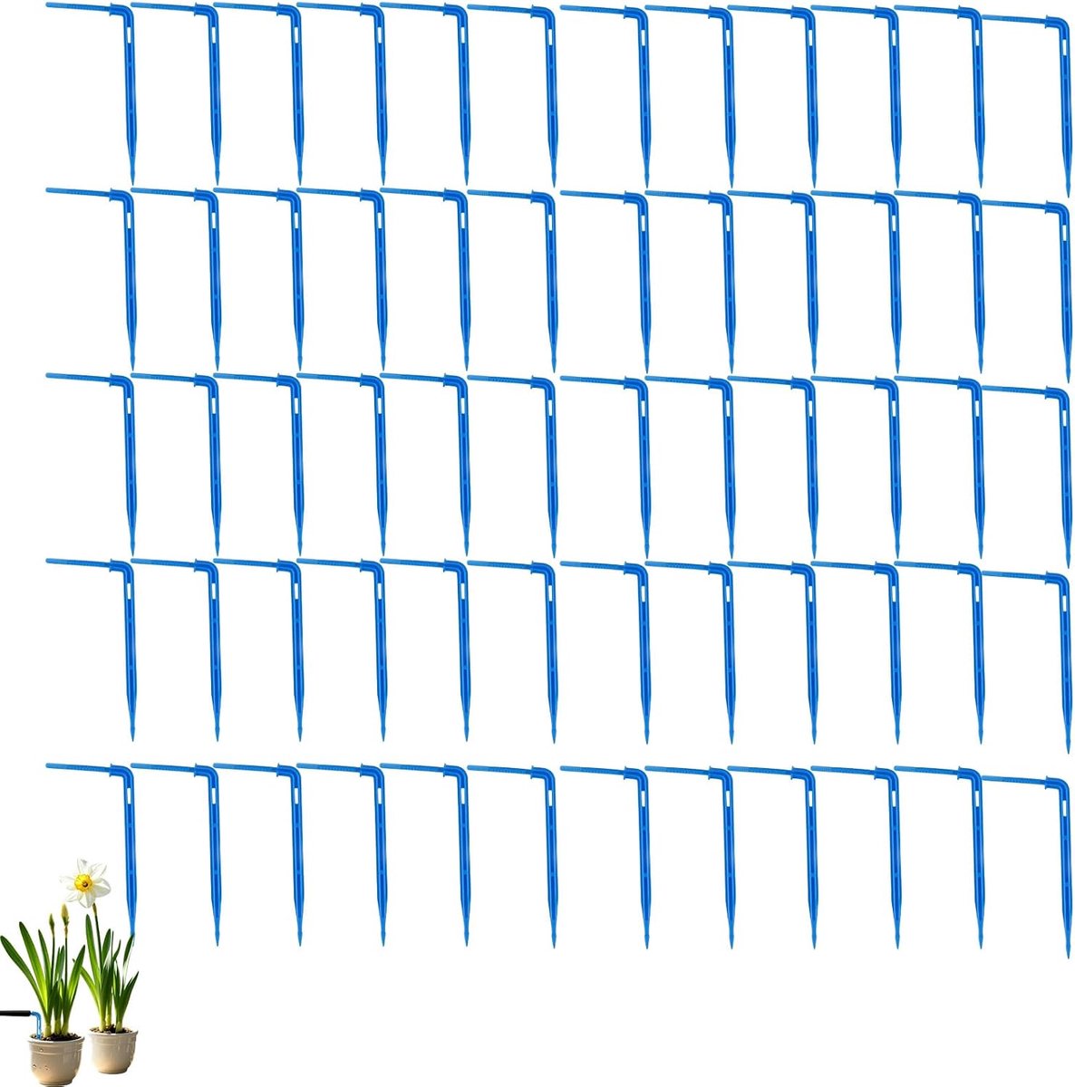 60 Stuks Blauwe Pijldruppelaars Gebogen, Druppelirrigatie Emitters voor Tuin, Kas, Balkon, Bloemen, Potplanten, Bonsai, Moestuin en Automatisch Bewateringssysteem