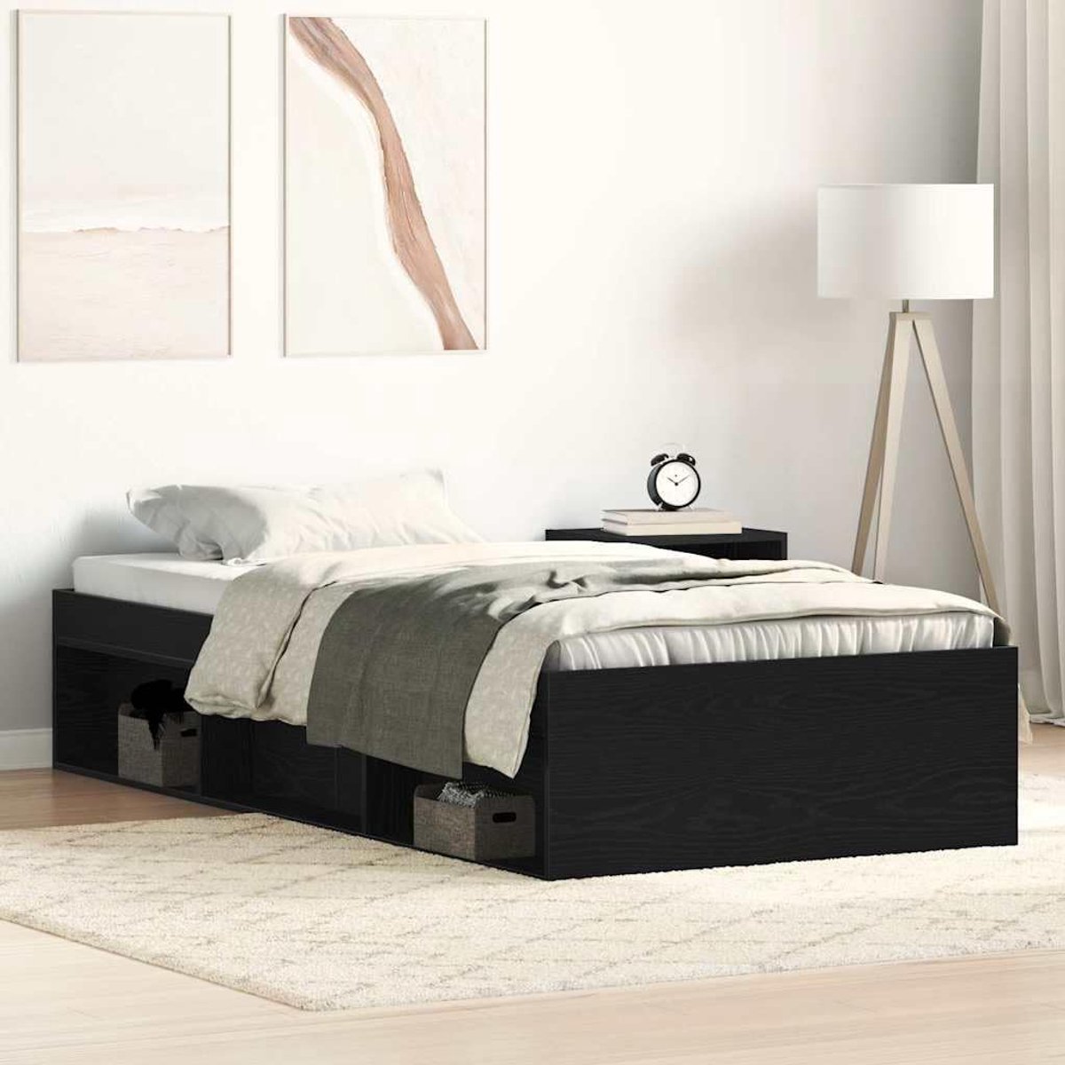 Hout opbergbed met 6 vakken logeerbed 100x200 cm zwart eikenkleurig