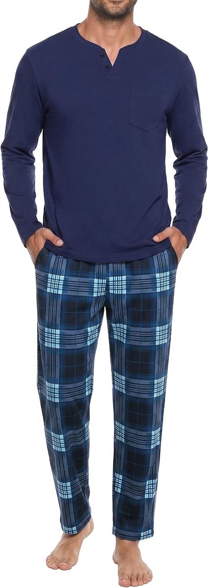Henley geruite loungenachtkleding met lange mouwen