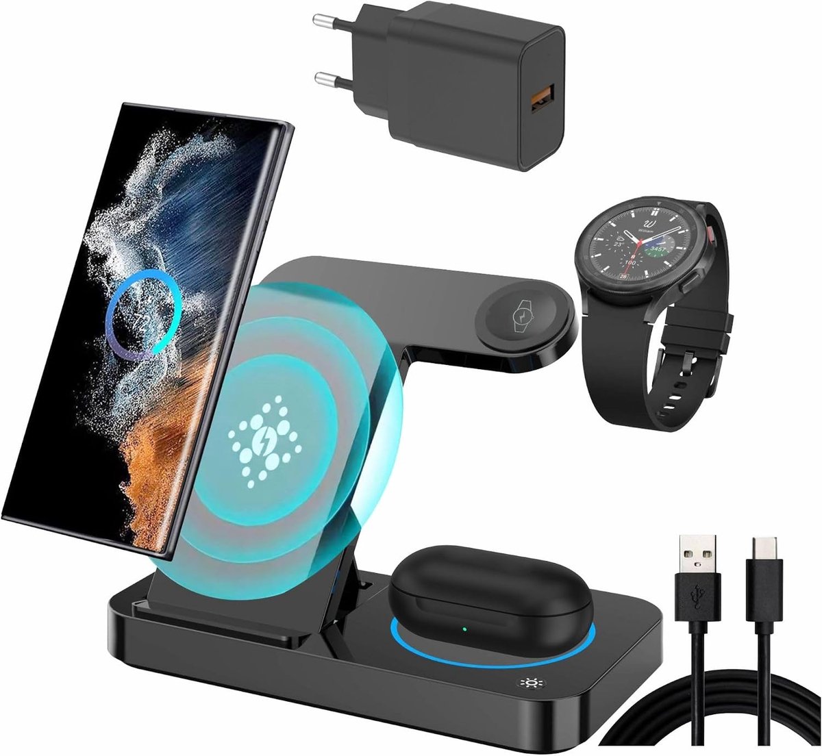 Draadloos Oplaadstation voor Smartphones, Smartwatches en Draadloze Oordopjes - Compatibel met Galaxy S25, S24, S23, Note 20 en Z Fold 7/6 (Zwart)