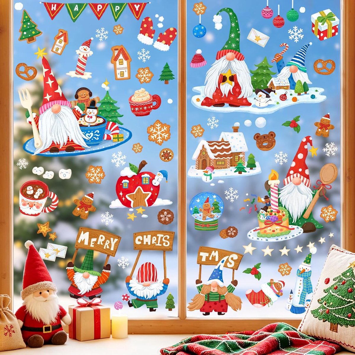 Raamfoto's Kerstmis kabouter raamsticker Kerstmis sneeuwvlokken