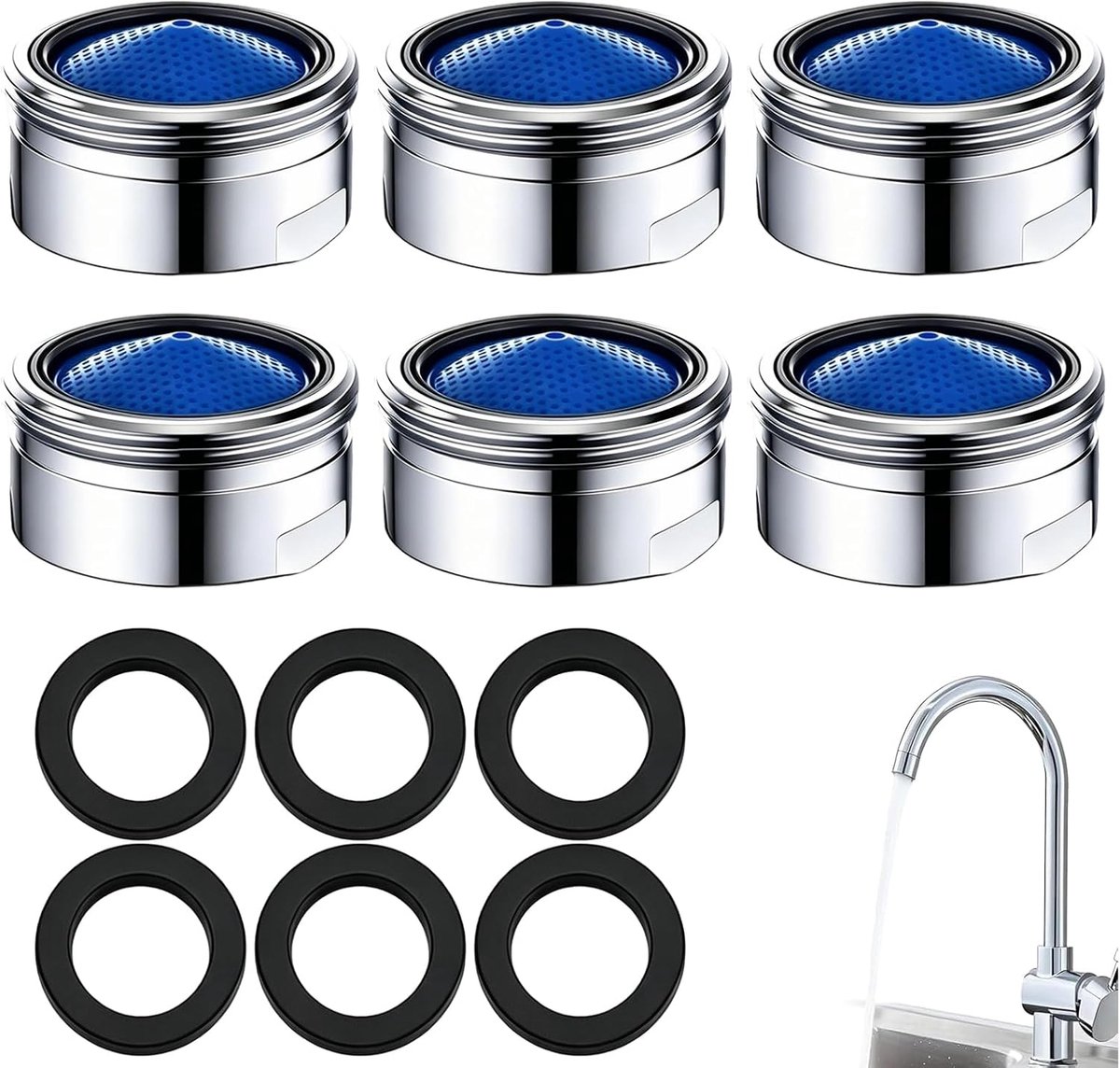 6 Stuks M22 Kraanperlator met Afdichtingen, Messing Kraanzeef en ABS Binnenfilter, Waterbesparende Straalregelaar voor Keuken, Badkamer, Wastafel en Gasten-WC