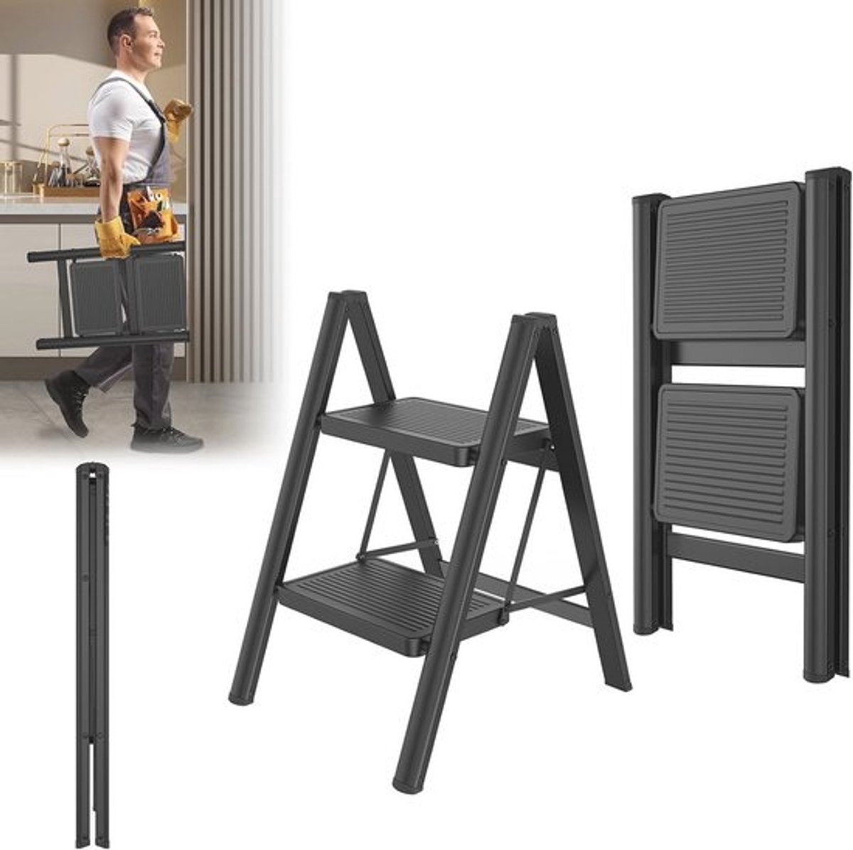 Inklapbare trapladder met 2 treden - Antislip - Voor thuis en kantoor - Belastbaar tot 250 kg