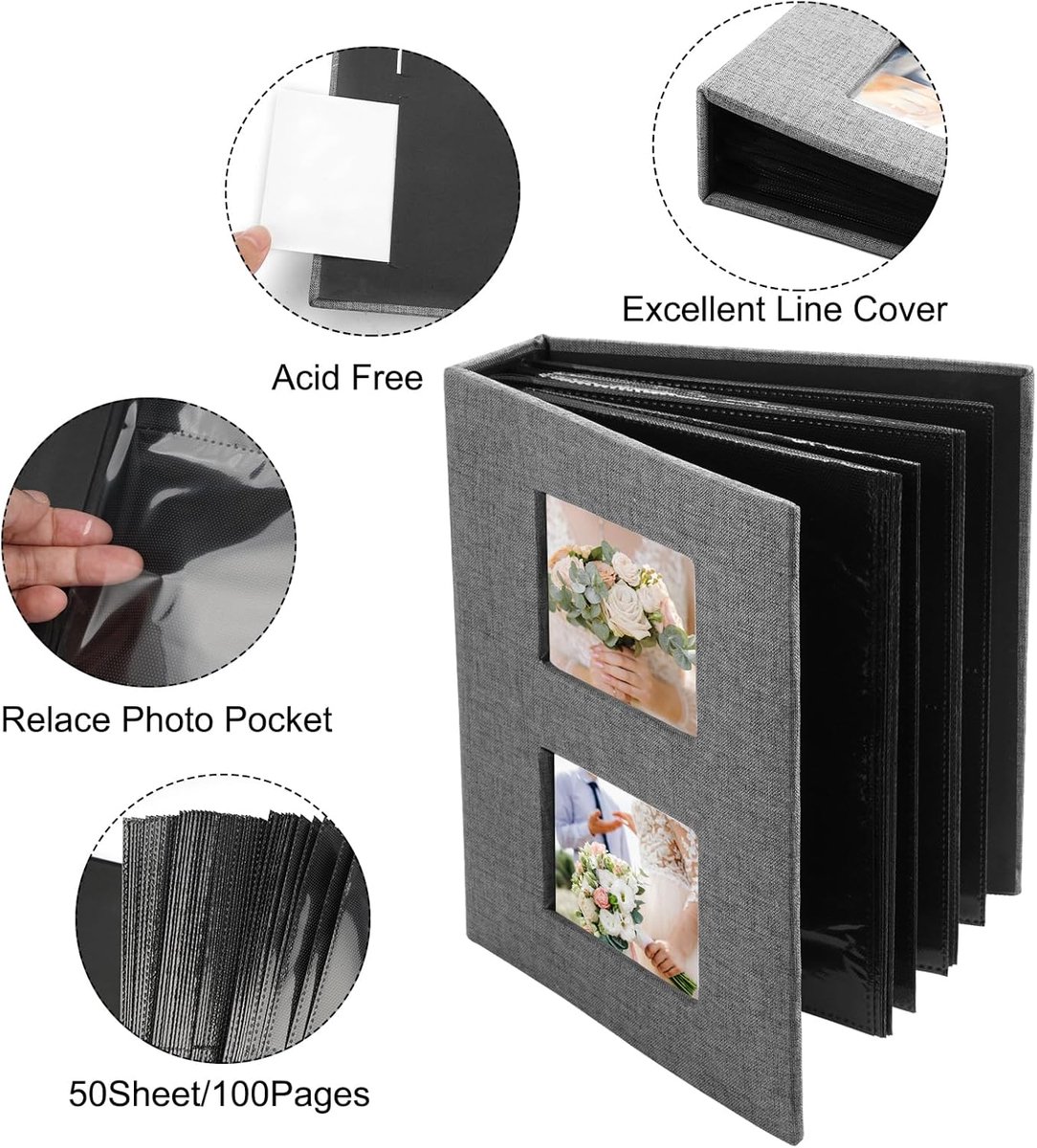 SnelShoppen - Photo Album en Stockalbum 10 x 15 cm voor 200 Foto's, Grijs Linnen, Perfect voor Bruiloften en Familieherinneringen