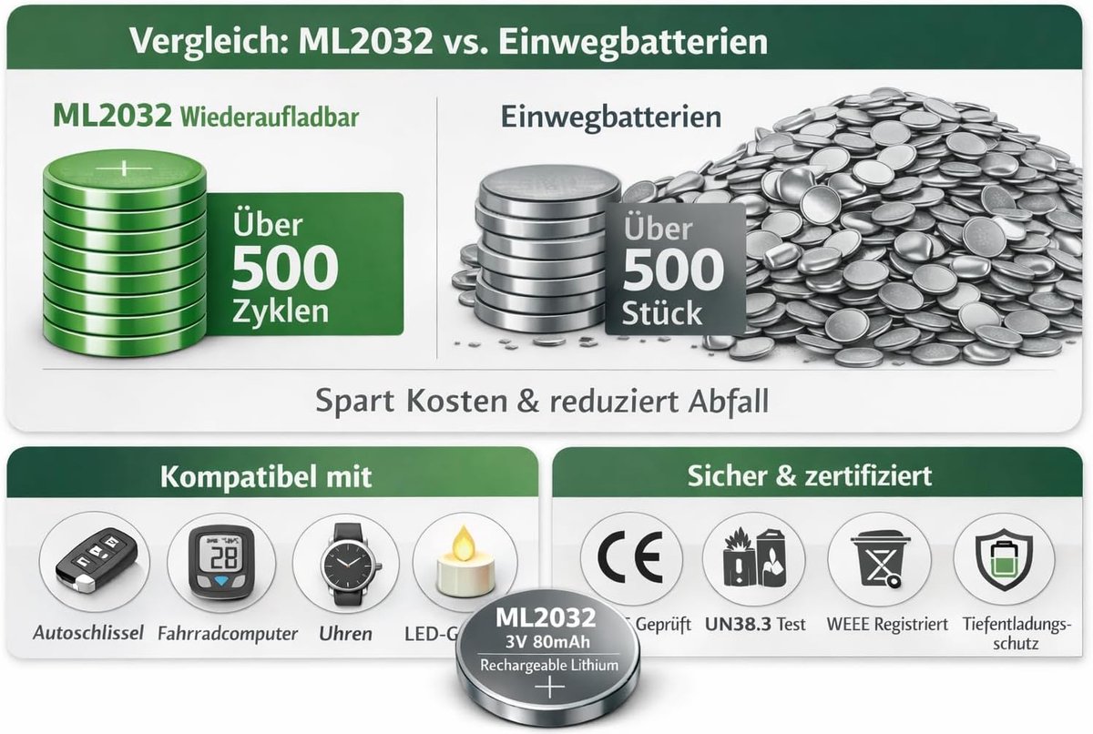 Oplaadbare batterij/accu's 3 V 80 mAh Vervangt CR2032 moederbord, rekenmachine, elektrische kaarsen, fiets, speelgoed, autosleutels, computerapparatuur enz. (1xML2032)