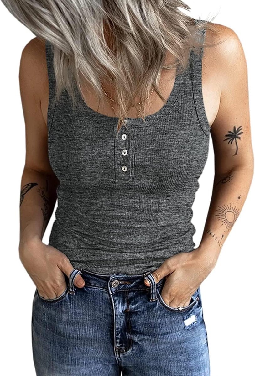 Damestop, slimfit, bovenstuk met knopen, geribbeld, mouwloos, tanktop, casual