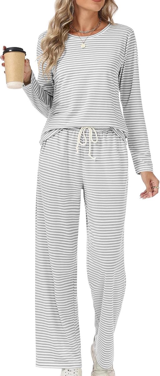 Pyjama voor Vrouwen Leuke Pjs Set Zachte Co ord Sets Loungewear Lange Mouw Gestreepte Dames Pyjama Nachtkleding Pyjama Broek met Zakken Trekkoord Nachtkleding