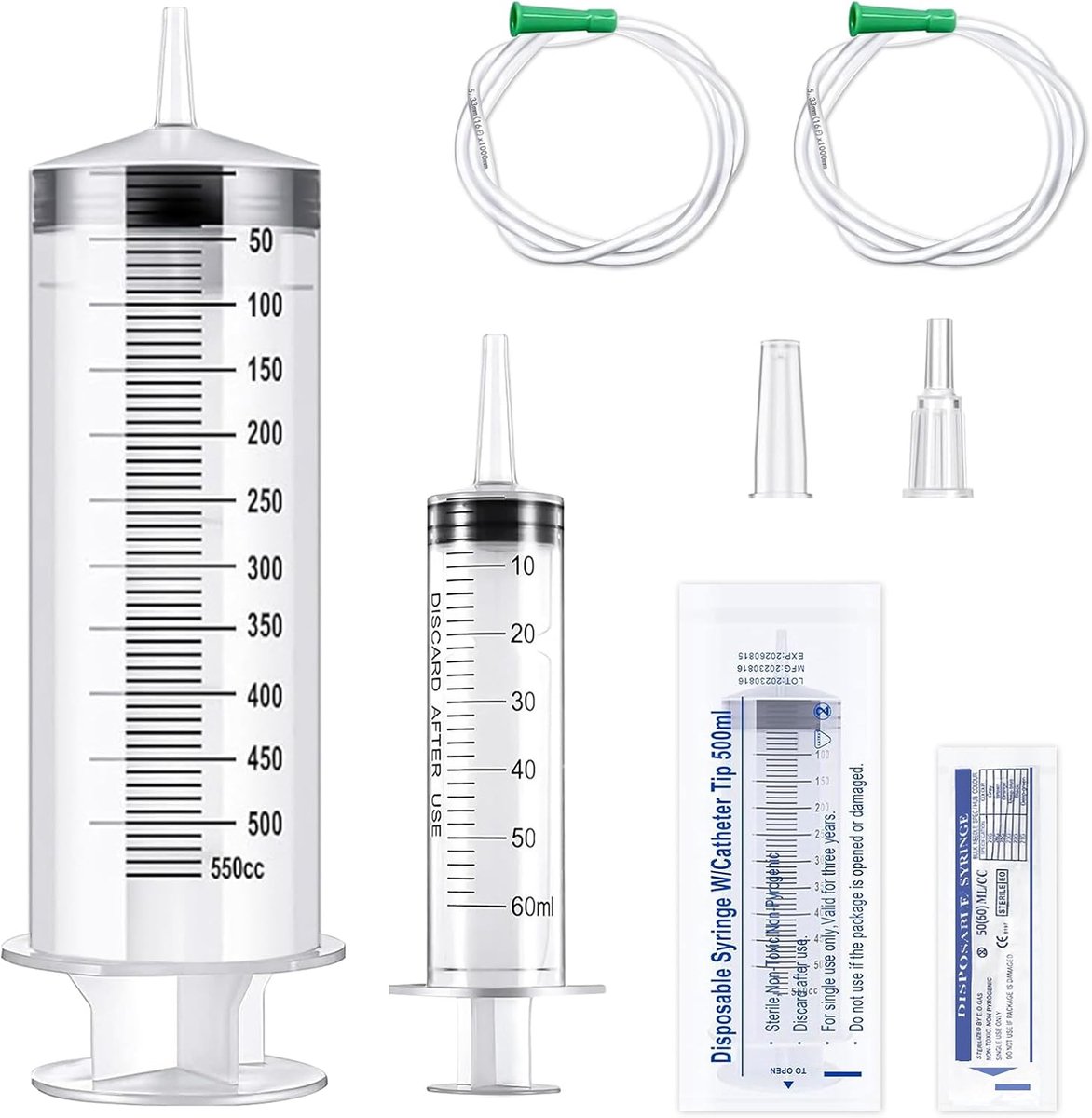 Syringe with hose, 1 large 550ml syringe + 1 syringe of 60ml, plastic syringe with cap, large capacity, reusable - ShopVlot