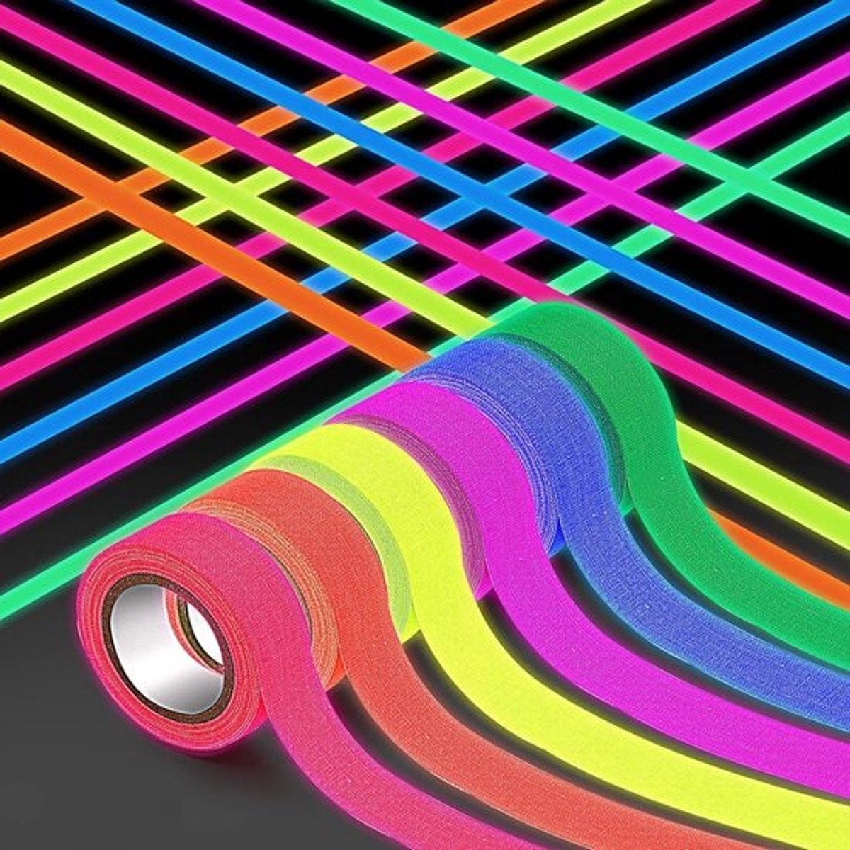 6 rollen fluorescerend plakband voor feestaccessoires en decoratie met blacklight - 6 kleuren - glow in the dark tape - neon gaffertape - zwart licht - fluorescerende stoffen