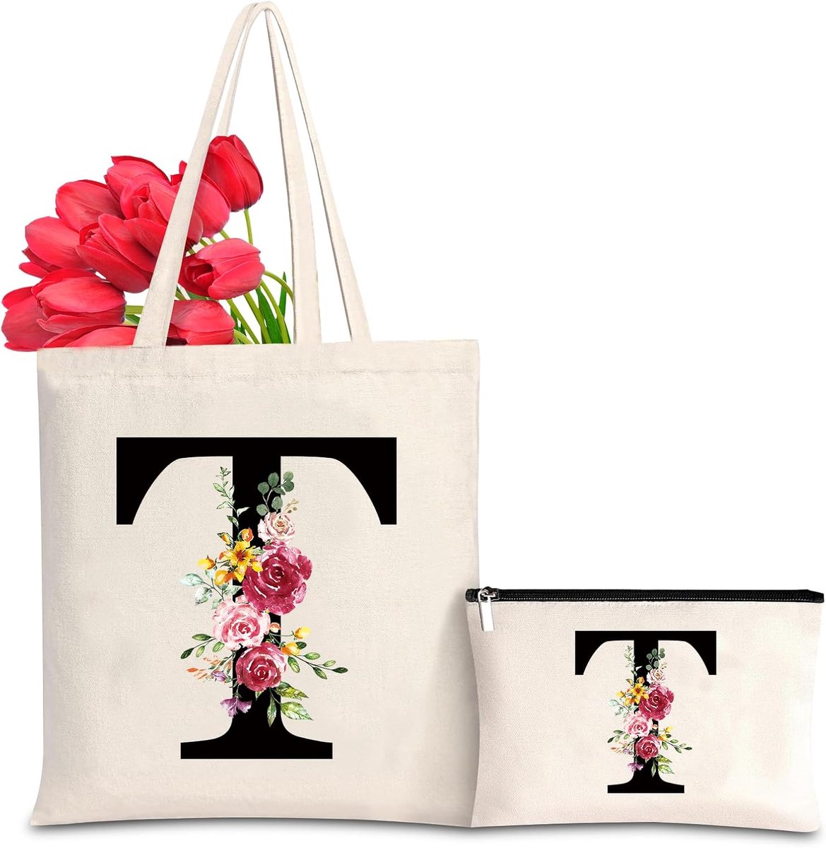 Canvas tas met initialen voor dames, katoen, boodschappentas en make-uptas, cadeau-idee voor vrienden, collega's, moeder, cadeau verjaardag, bruiloft, Kerstmis T