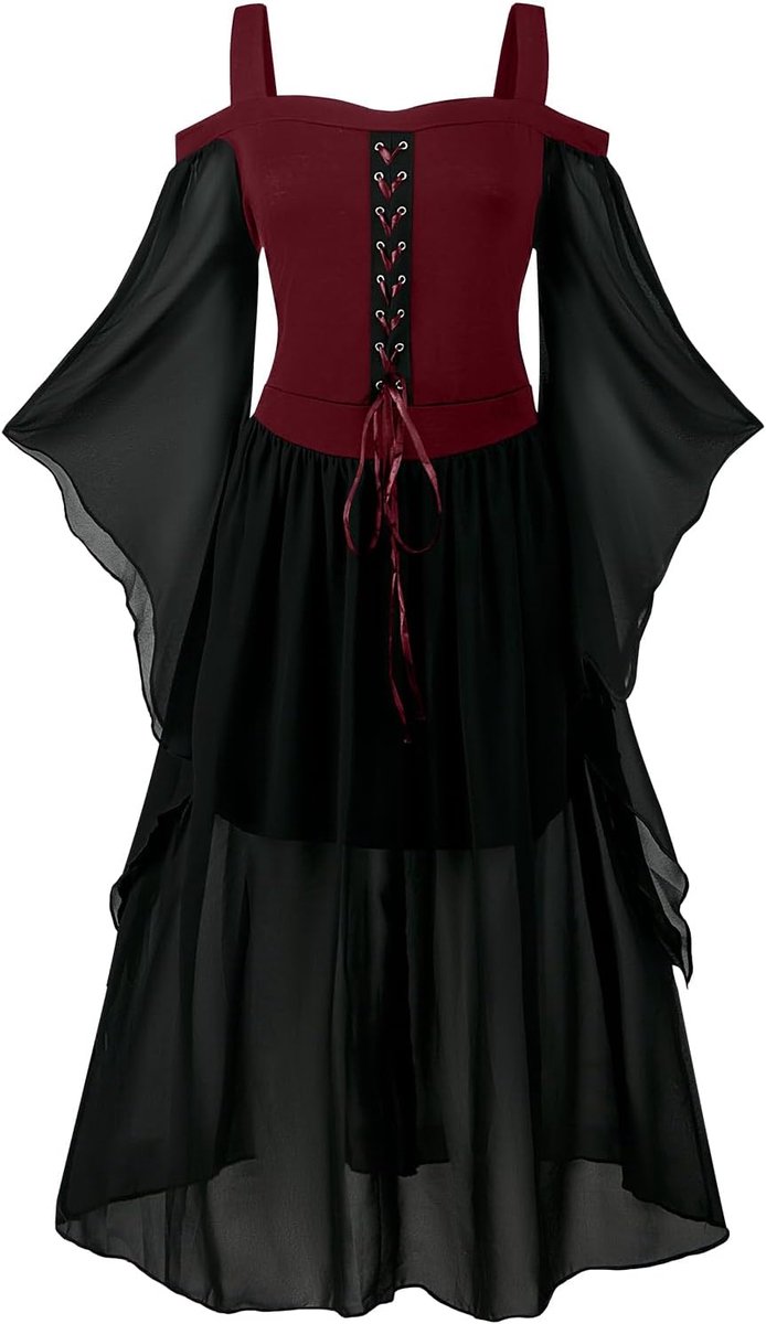 Kostuum voor dames, gothic-jurk met trompetmouwen, renaissancekostuumkorset voor Halloweenfeest