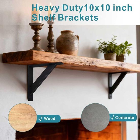 Zware Stevige Plankensteunen, 90 Graden Werkbladsteun, Metalen Hoekbeugels voor Wandmontage, Triangulaire Hoeksteunen, 254 x 254mm, Zwart, Ideaal voor Planken en Meubels — afbeelding 3