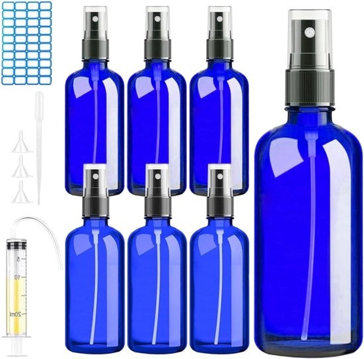 6 stuks - glazen spuitflessen - 100 ml - verstuivers - voor reisvloeistoffen en cosmetica - fijne-mistspray - blauw