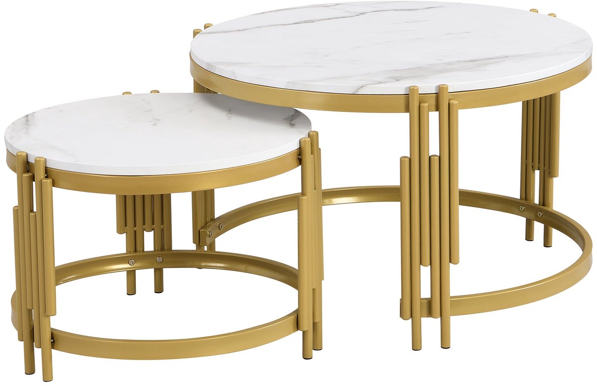Merax 2-delig Salontafelset - Marmerlook met Gouden Metalen Frame - Rond - Nestbaar - Moderne Bijzettafels Wit+Goud