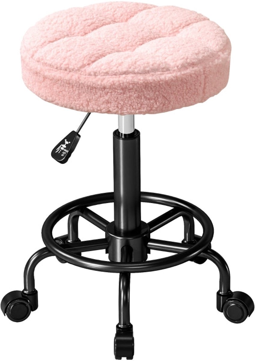Merax Kruk met Wielen - Verstelbare Werkkruk 50-66 cm - Draaibare Bureaukruk 360° - Salon Kruk Massage Kruk - Roze