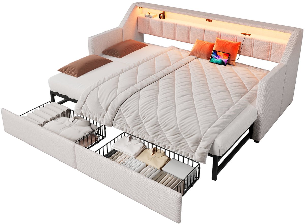 Merax Slaapbank 90x200 cm - Uitschuifbaar Tot 180x200 cm - Beige Linnen - USB-C Aansluiting - Ledverlichting - 2 Laden - Opbergtassen