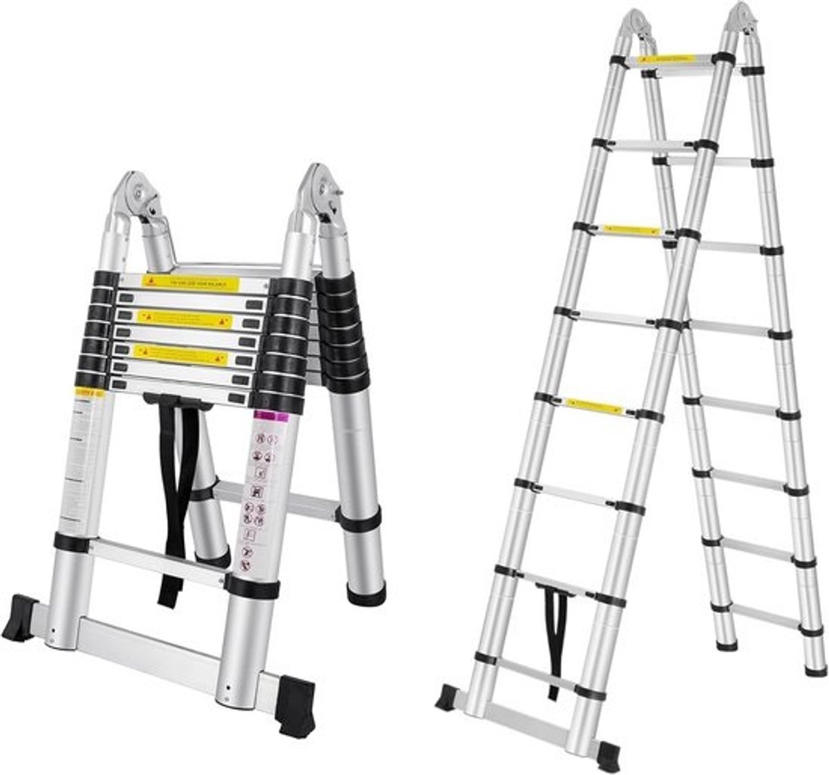 Telescopische ladder - Inklapbare ladder - Veilig werken - Lichtgewicht aluminium - 3,8 meter - Zilver