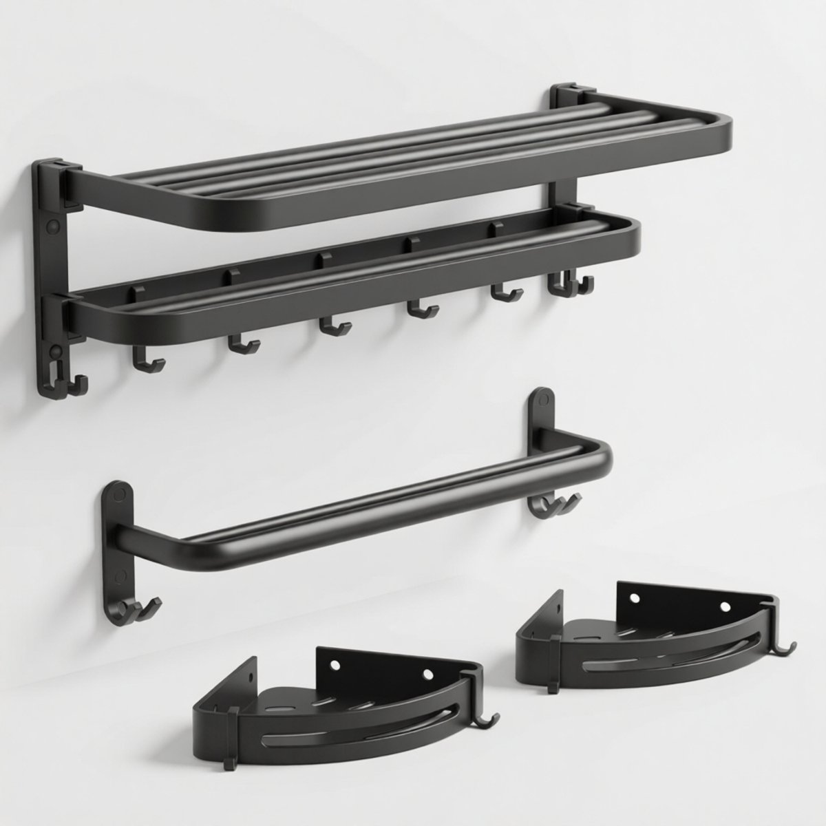 ZOQENX Badkamerrek Set van Grijs Aluminium met Handdoekrek, Handdoekstang en 2 Driehoekige Hoekplanken - Wandmontage