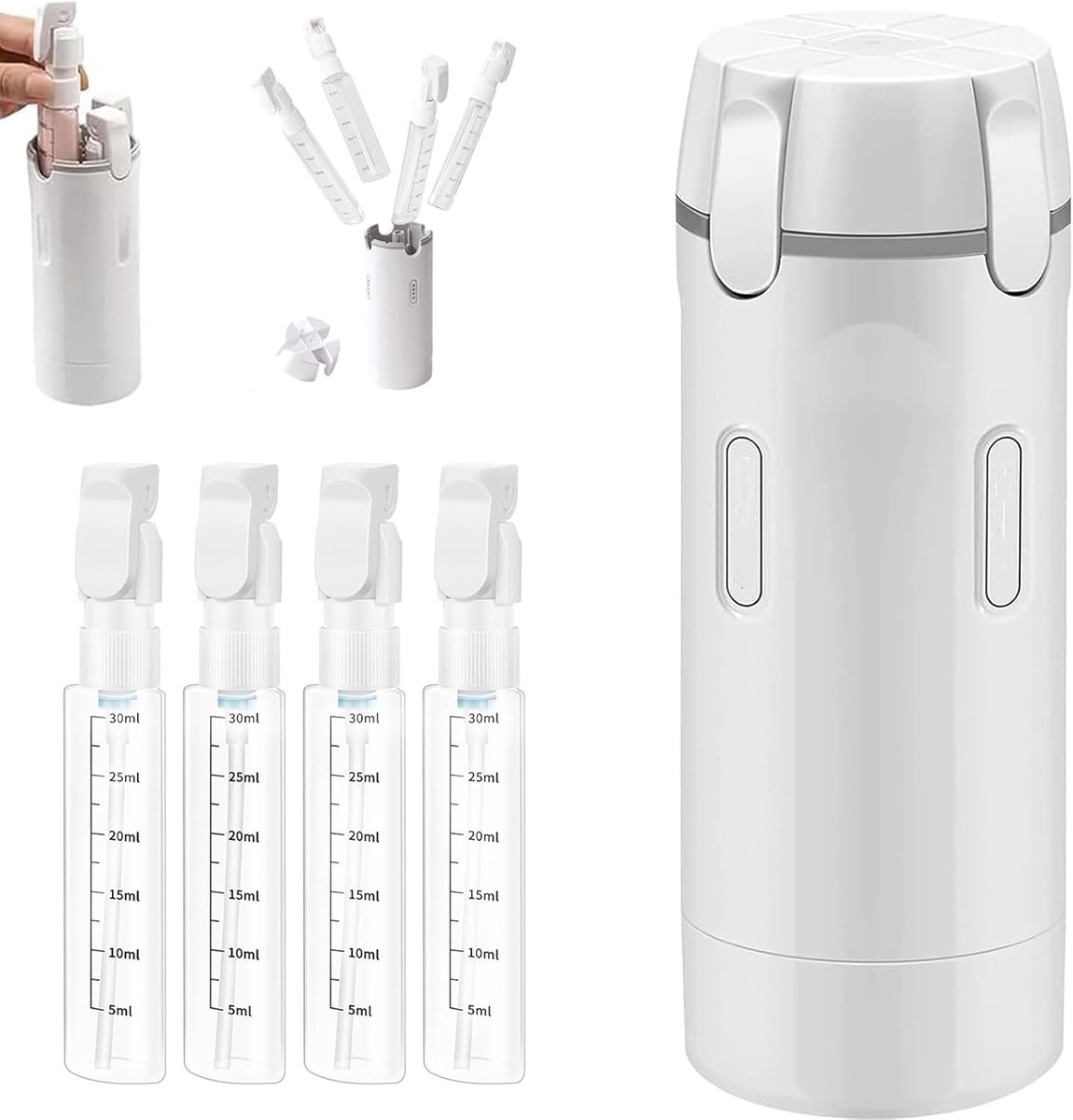 4-in-1 reisdispenserfles, 4-in-1 reisflessenset, reisdispenser met schaal en etiket, reisflessen om bij te vullen - ShopVlot