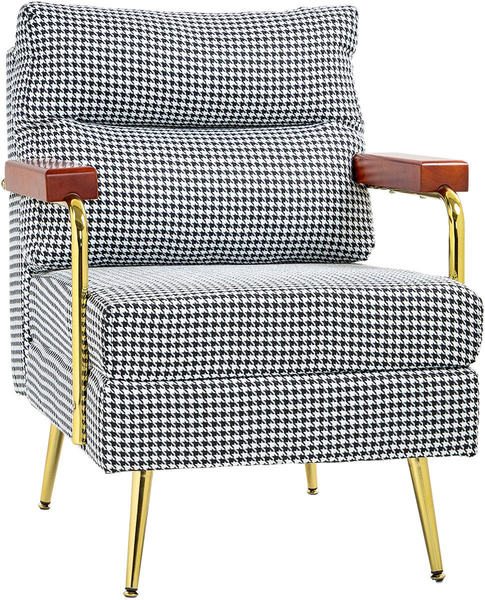 Homona Retro Fauteuil met haantjesmotief - Met houten armleuningen en goudkleurig stalen frame - 72 x 81,5 x 87,5 cm - Zwart/Wit