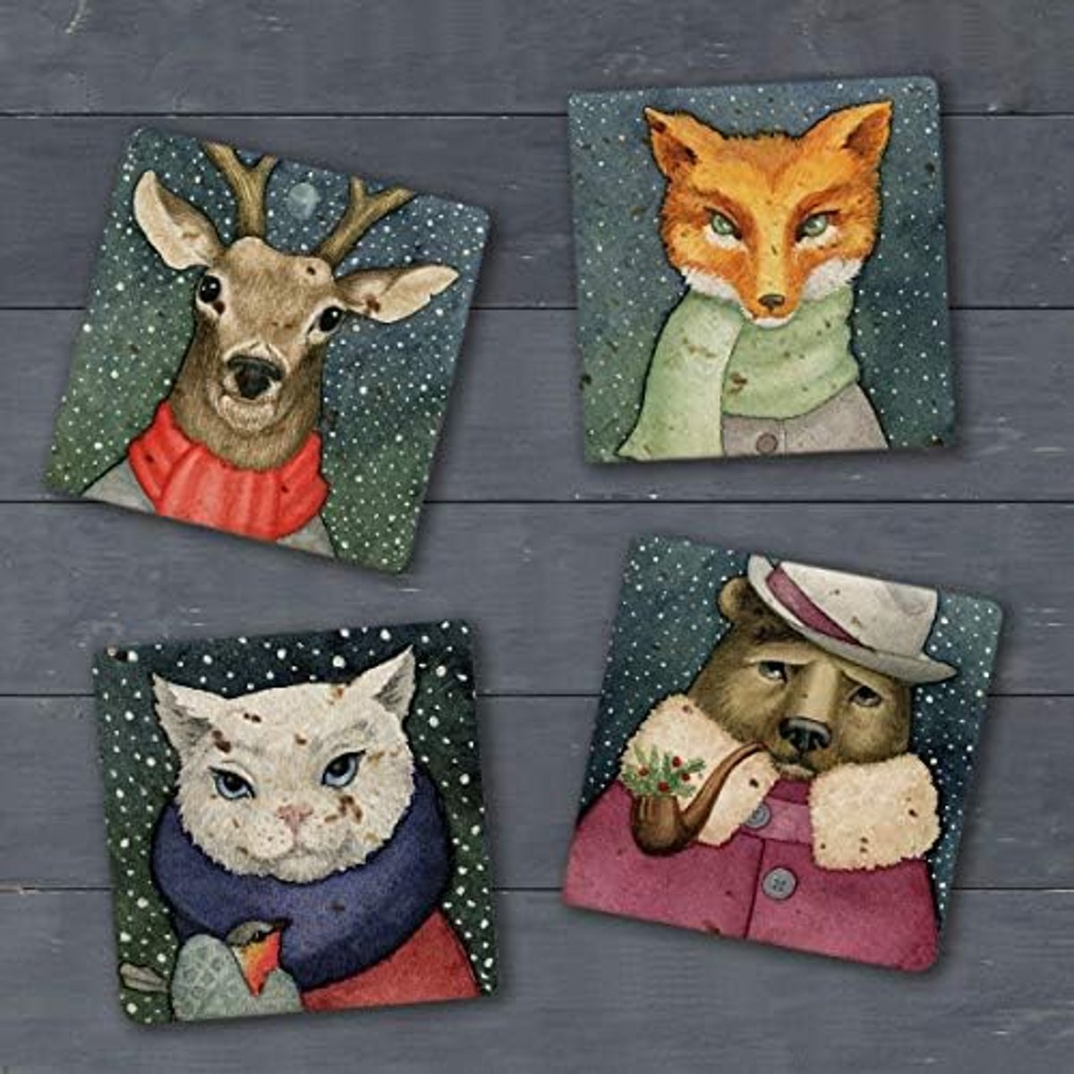 Set of 4 Natural Stone Drinks Coasters 4" x 4" (Winter Animals)
