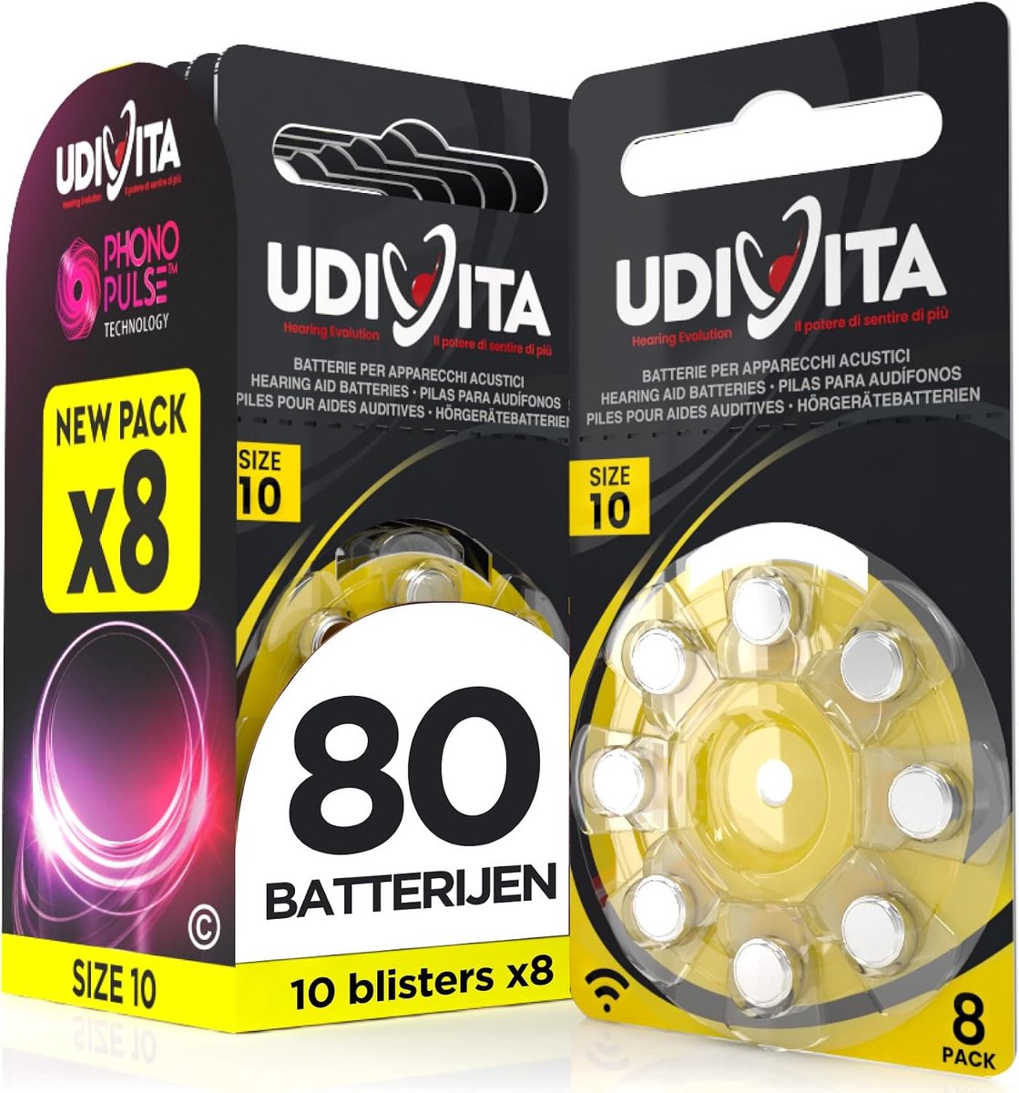 80 Ear Hearing Aid Batteries Udivita Size 10 PR70 (Yellow) Sound Fusion Technology - 10 Blisters of 8 Batteries - ShopVlot