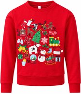 Foute Kersttrui Kinderen - Kerst Icoontjes Kalender - Rood - Maat 110/116 - Jongens en Meisjes