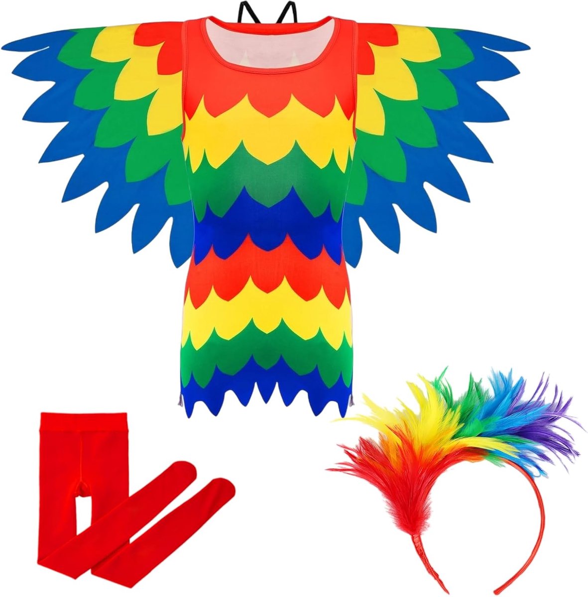 Papegaai-kostuum voor kinderen, 4 stuks, papegaai-dier, cosplay-kostuum met jurk, haarband, vleugelsokken, papegaai, meisjes, fancy dress, outfit voor Halloween, carnaval, cosplay, dierenfeest