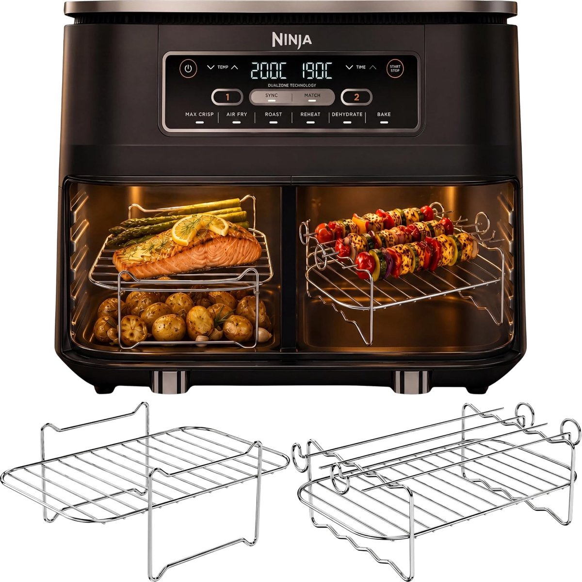 Roosters voor Ninja Foodi Dual Zone AF300EU 7,6 L | 1 Vlak Rooster + 1 Spiesenhouder + 4 Spiesen van 304 RVS | Vaatwasserbestendig | Airfryer Accessoires iStock Kitchen