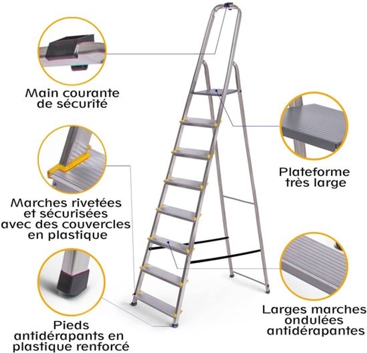 Opvouwbare aluminium trapladder met 8 treden en antislip - platformhoogte 162 cm - maximale belasting 150 kg