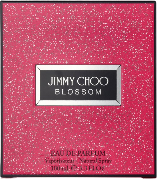 Roze, glinsterende verpakking van Jimmy Choo Blossom Eau de Parfum damesparfum 100 ml.