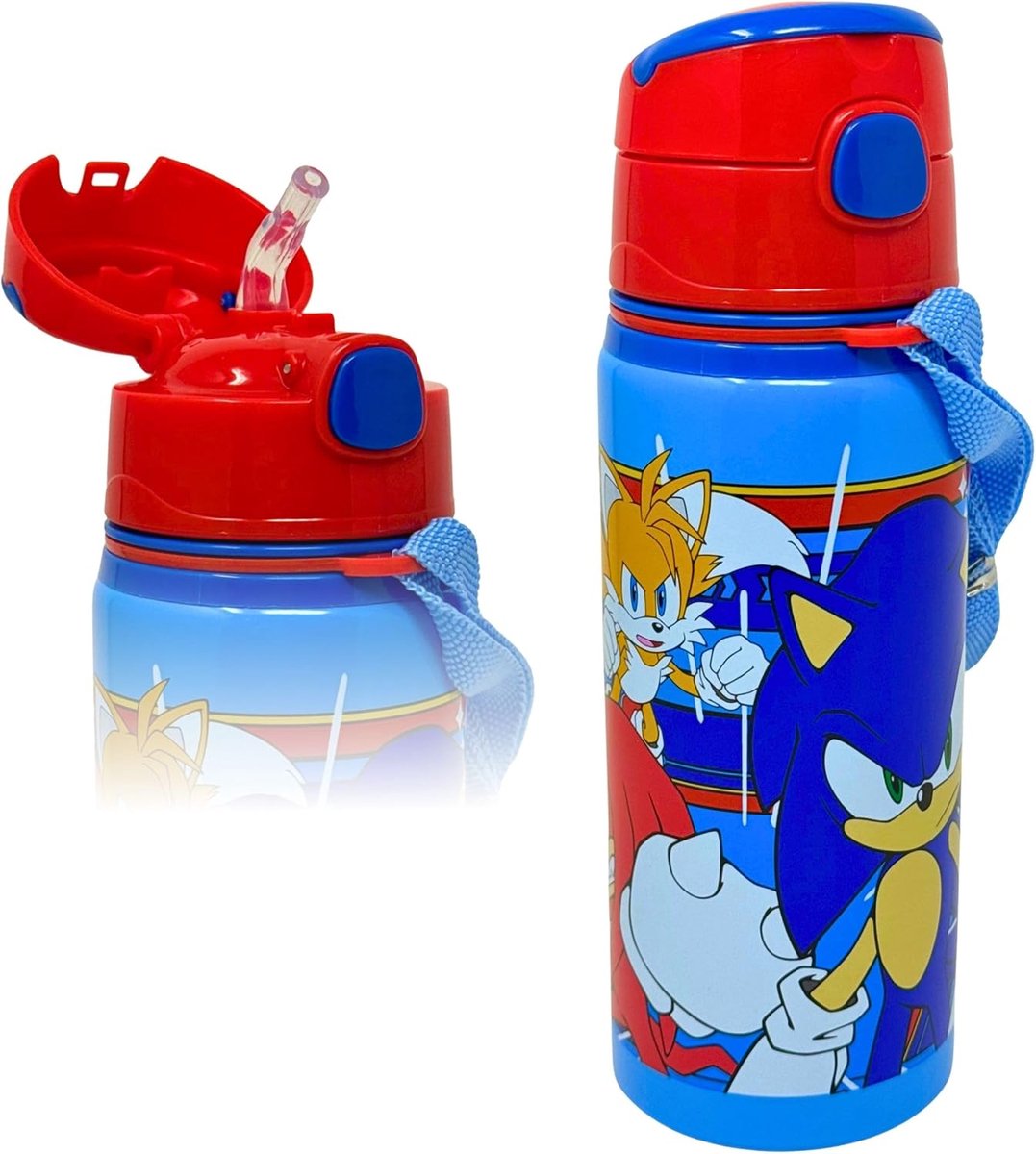 Drinkfles voor kinderen van 3-10 jaar, 600 ml, van aluminium, met rietje en schouderriem, lekvrije waterfles, kleuterschool en school, cadeau-idee met naamplaatje, verschillende figuren (Sonic)