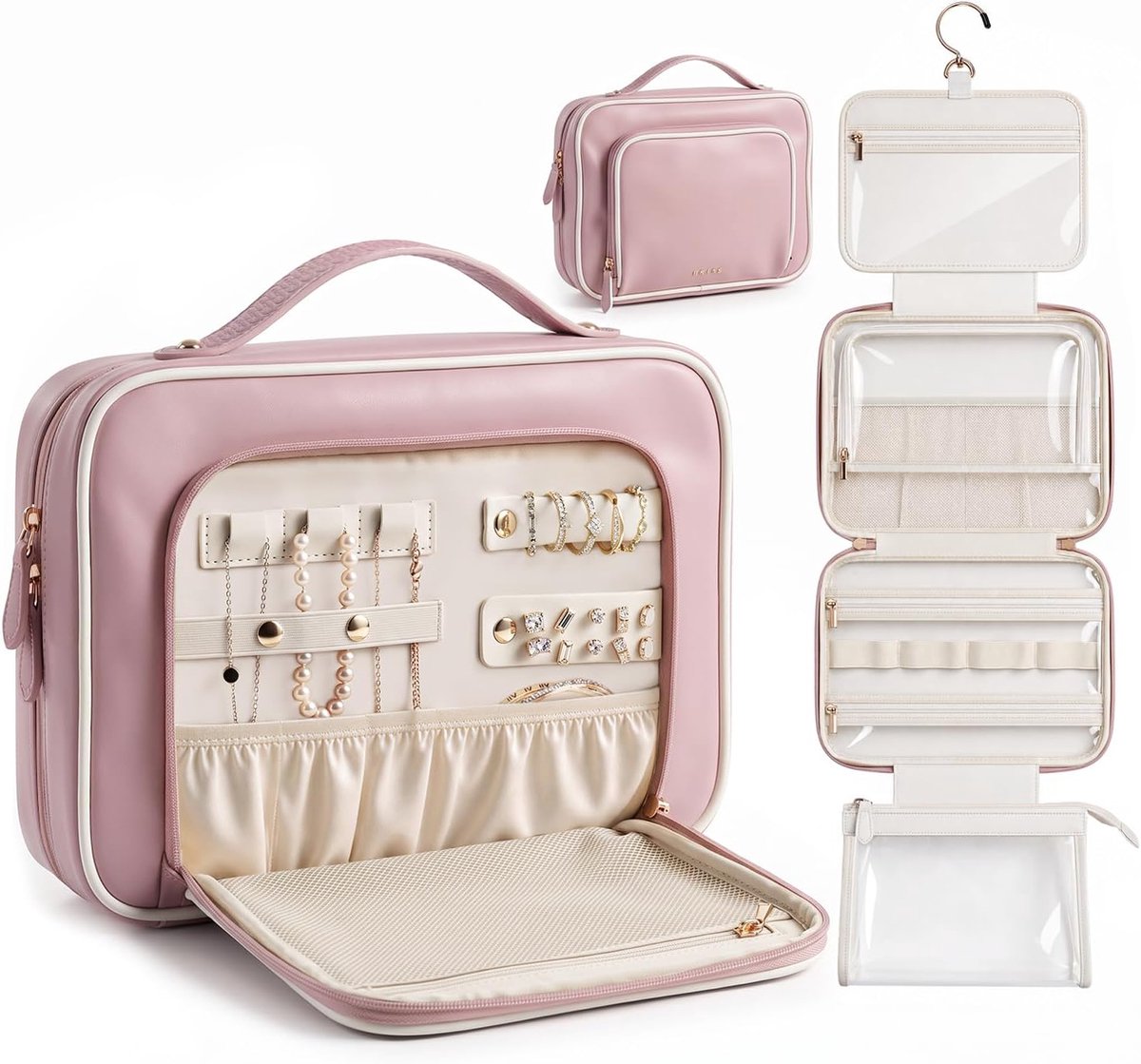 Hangende Reis Toilettas voor Dames met Sieraden Opberging, Roze, L